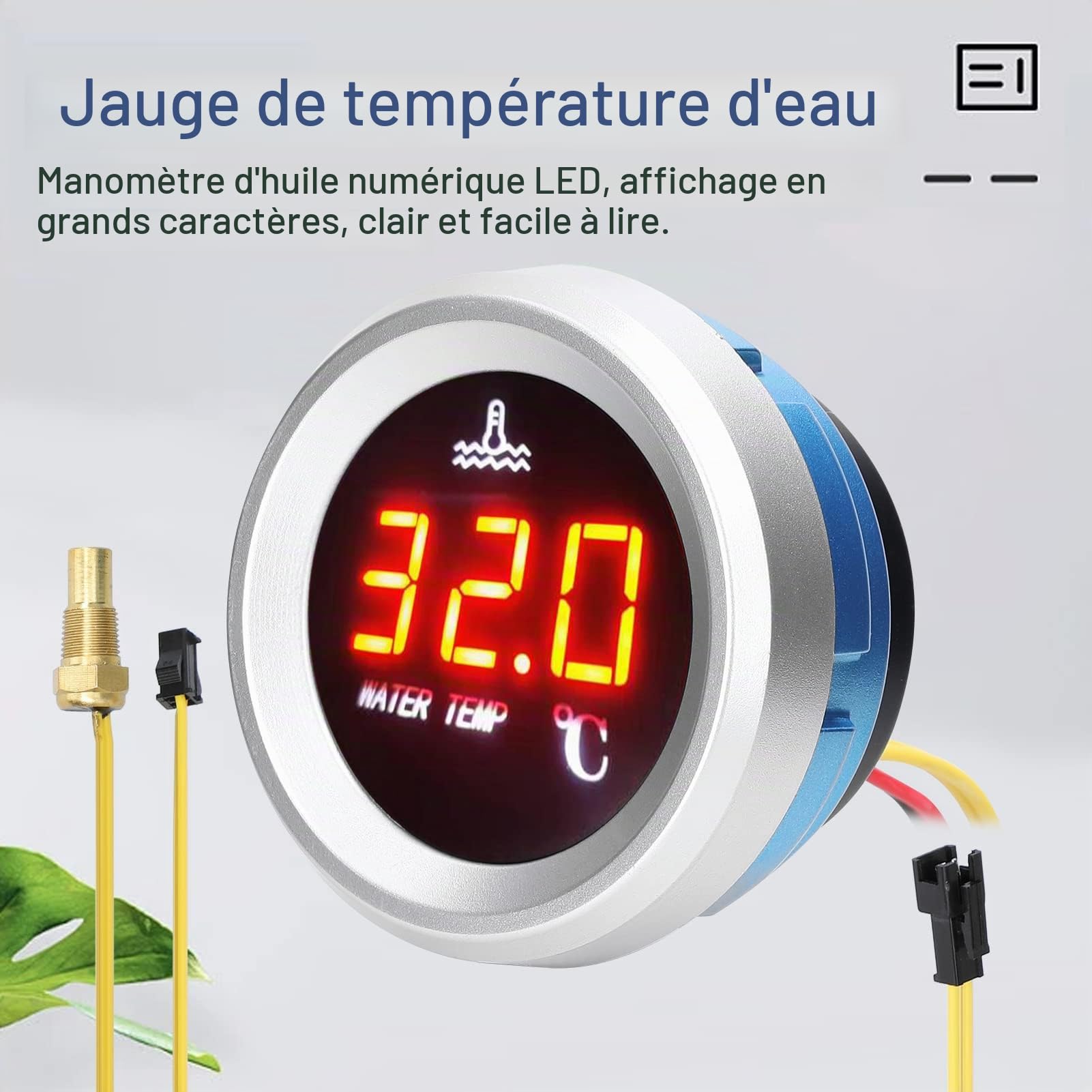 9-36 V Jauge de température de l'eau de 52 mm, compteur numérique de voiture, écran LED avec fonction d'alarme et capteur de température
