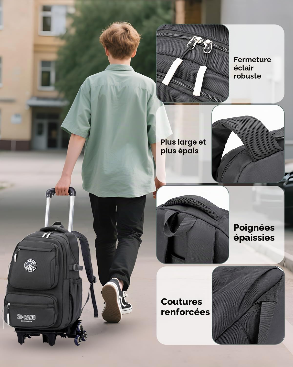 Tanou Cartable a Roulettes pour Garçons, Sac à Dos Scolaire avec 6 Roues | 30L, Imperméable Trolley Daypack Adolescents Décontracté pour le Collège et le Lycée, Gris