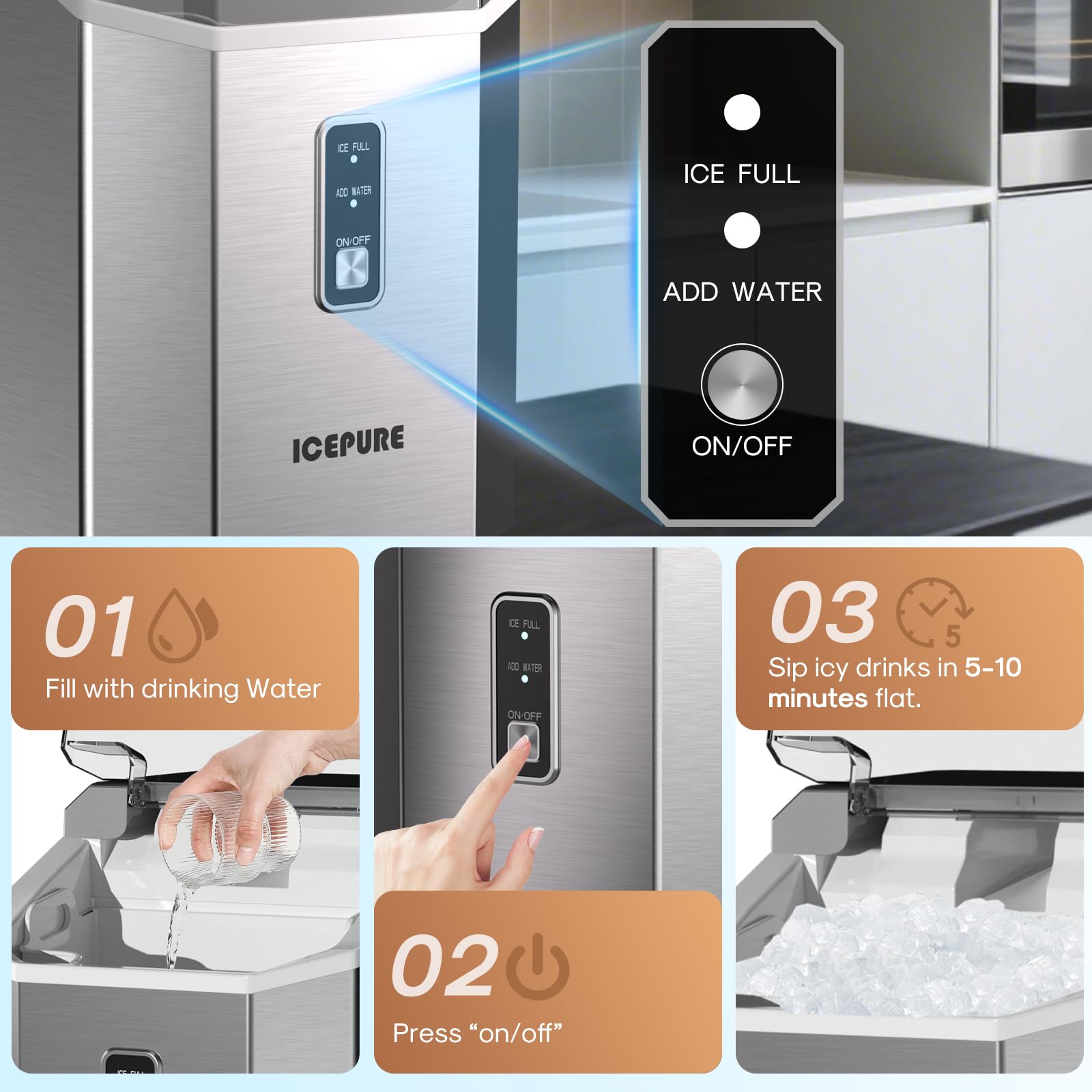 Icepure Nugget Ice Makers Countertop With App, Portable Ice Machine With WiFi, 33lbs In 24h, Ready In 5-10 Mins, Self Cleaning，Small Ice Maker With Basket Scoop, For Home/Party/RV(Stainless Steel) on Fridge.com - View 6