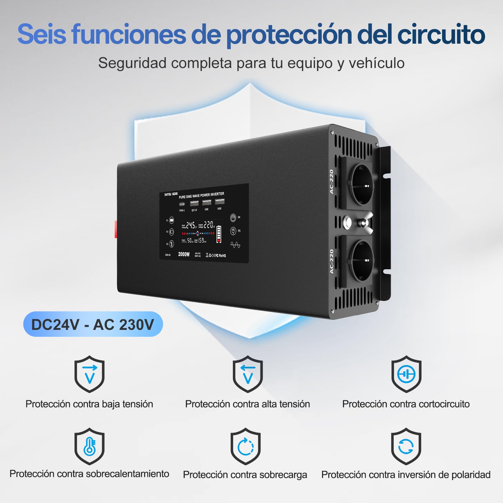 DATOUBOSS Inversor 24V 220V 2000W Onda Pura, Convertidor 4000W(Pico) con 2 Enchufes de la UE, Transformador con 4 USB (1xQC3.0, 1xUSB-C, 2xUSB-A), Pantalla LCD,Mando a Distancia,para Coches Camiones