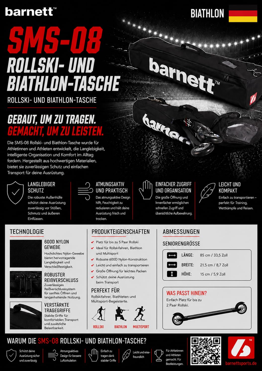 BARNETT SMS-08 Sporttasche Skiroller Tasche, Gr Senior, Farbe schwarz