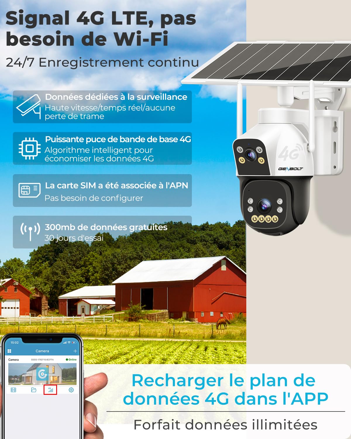 GENBOLT 4G AOV Solaire Caméra De Surveillance Extérieur sans Fil, Enregistrement 24/7 3MP+3MP IP SIM Caméra Surveillance Batterie avec détection IA, 8W 15600mAh Caméra CCTV