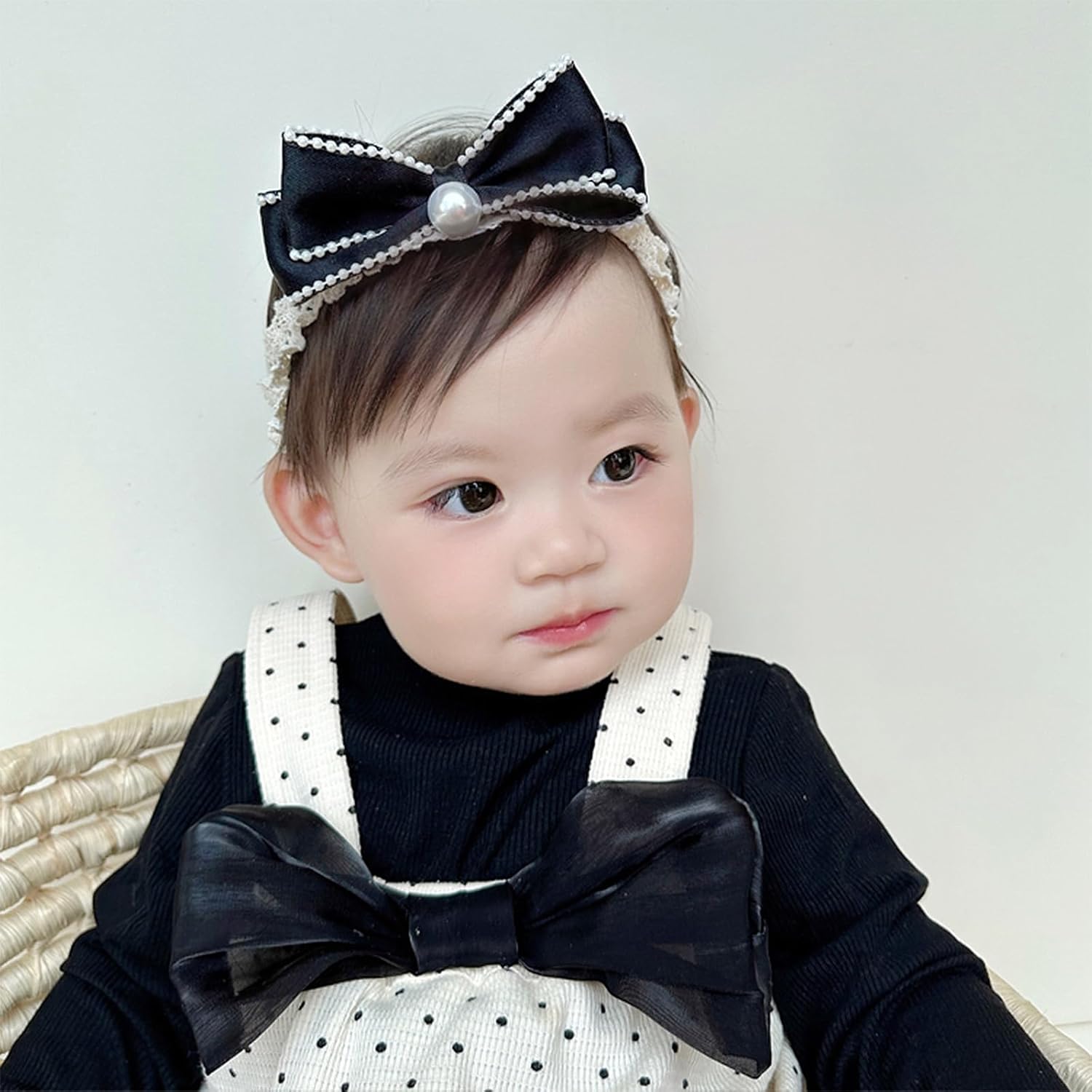 Bow Lace Headbands for Baby Girls Soft Tulle Ribbon Pearl Head Wrap Elastic Bow-knot Hair Band Shower Birthday Hair Accessory for Newborn Infant Toddler (Black B, Elastic) - Image 2
