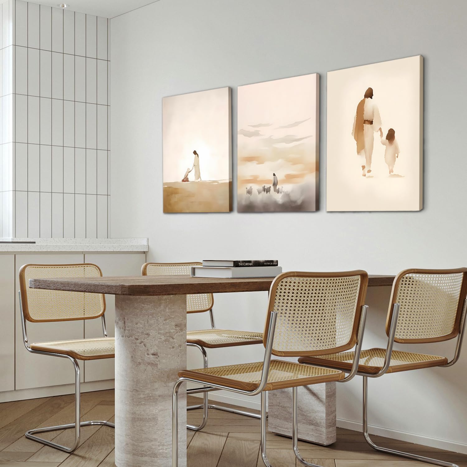 Set of 3 Framed Canvas Wall Art Jesus with Child and Lamb Watercolor Religious Artworks Christian style Wall Decor Paintings HD Print Posters for Bedroom, Living Room and Church 12x16inch