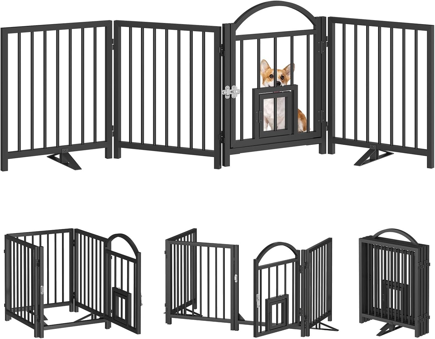 hoobro 4 panel freestanding dog gate with door, full metal foldable dog fence, pet gate with 2 metal support feet, 27.2” height, for doorways, stairs, kitchen, living room, halls, black bk76pp03 81.1"l x 27.2"h