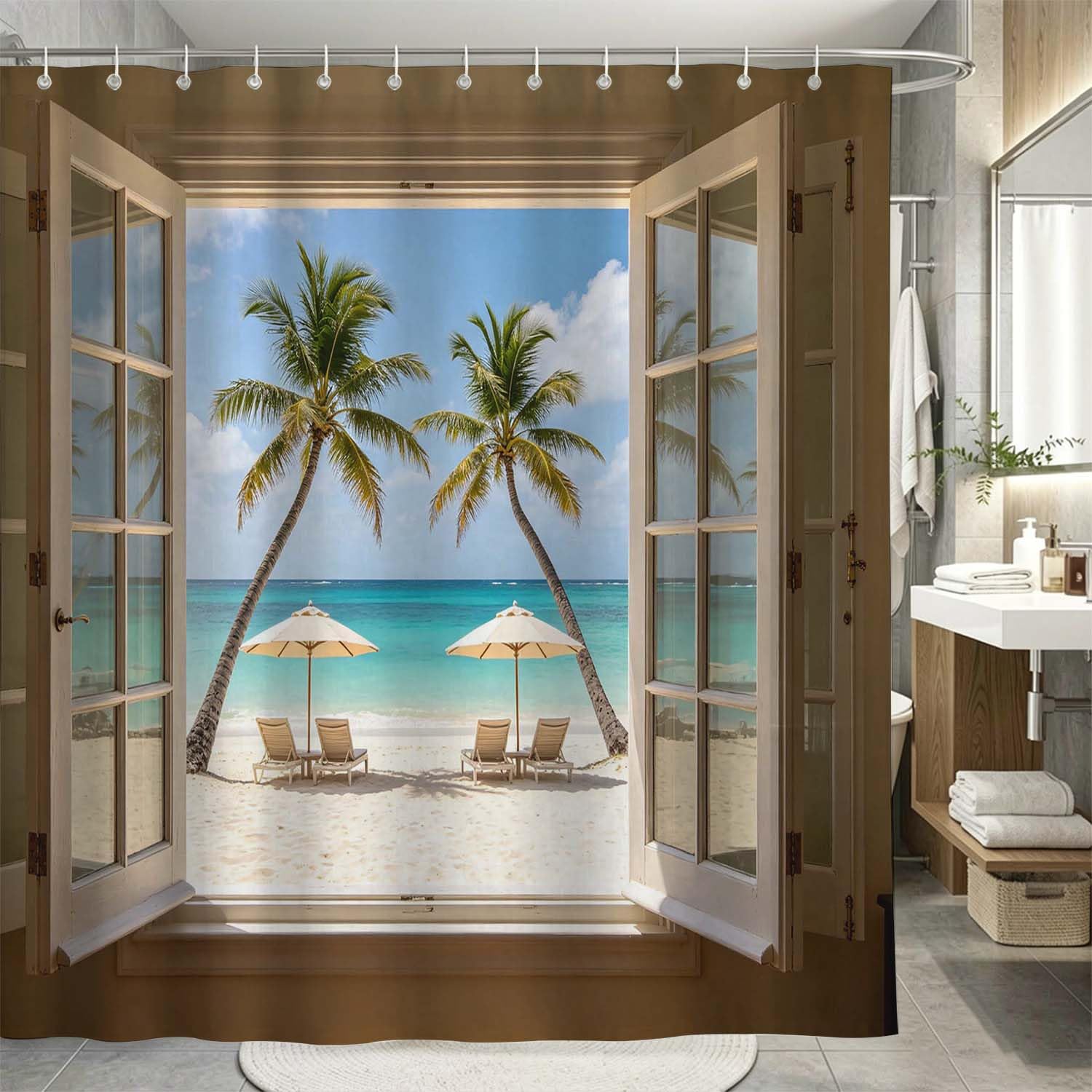 Rideau de Douche Anti Moisissure Vue de la Fenêtre, Rideau de Bain Hawaï 3D Rideaux de Douche en Polyester, Imperméable, Lavable en Machine, avec Crochets, 300 x 200 cm 275-YLP