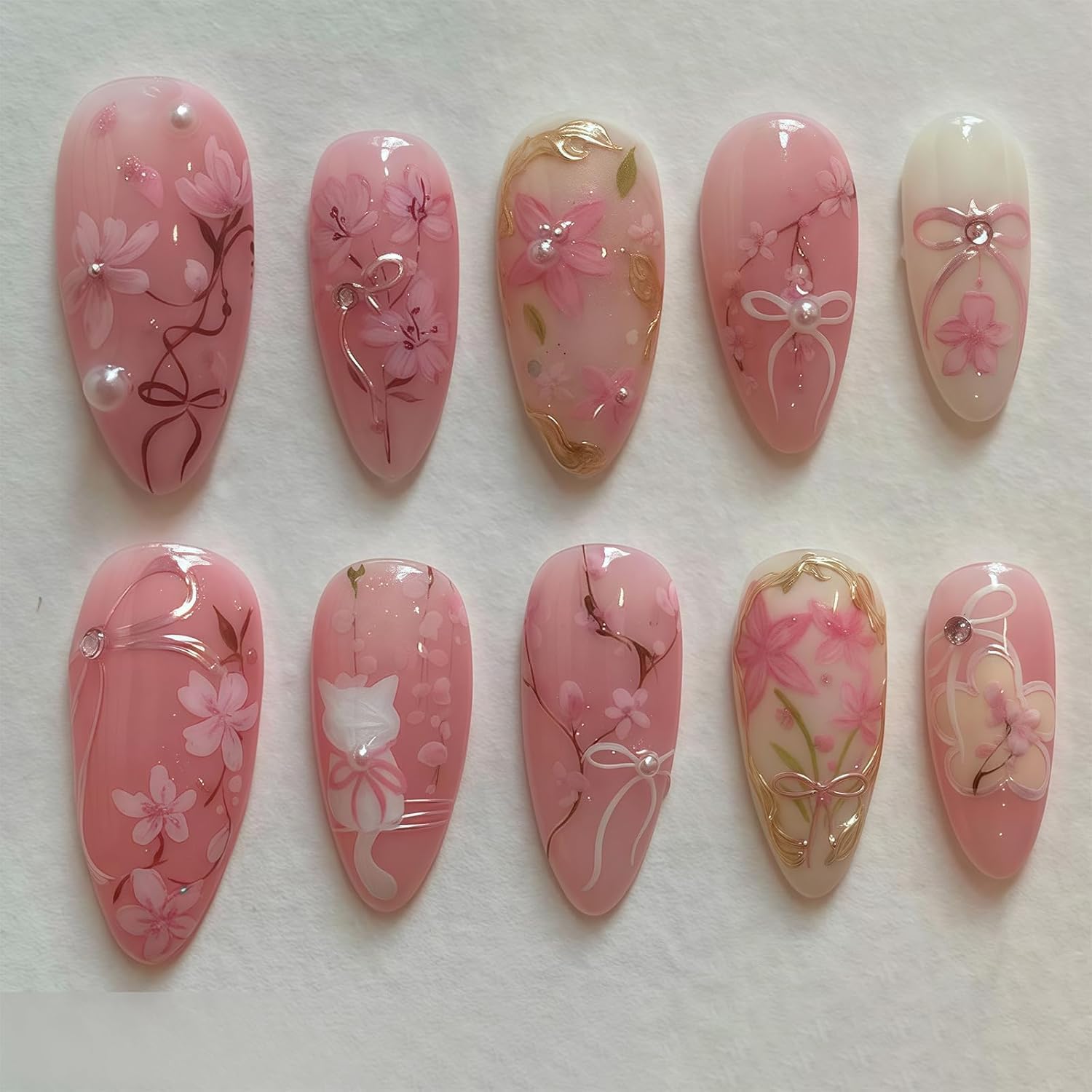 24Pcs Medium Almond Press On Nails, Peach Blossom Style with Rhinestone Pearl Glitter Decor, Lovely Pattern gush beauty nails, Artificial Nail Decor for Daily & Festival Use-image-16