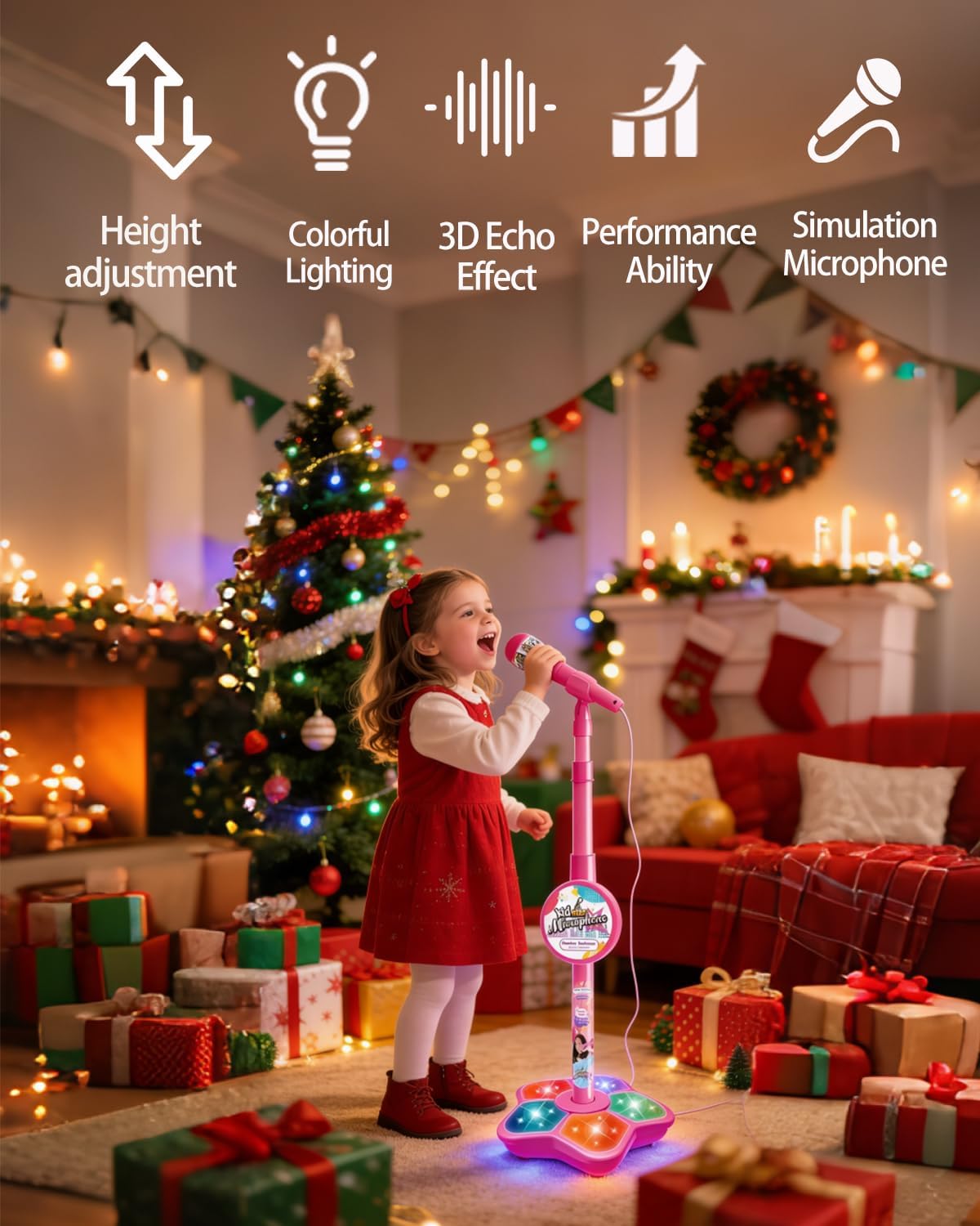 Kid Star Microphone with Stand, Adjustable Height The All in One Microphone Toy with LED Lights, Battery Powered Microphone Prop for Birthday Parties Singing, Makes Every Day a Concert (Pink)