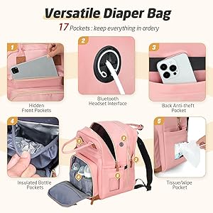 Tonyeee Diaper Bag Backpack - Extra Large Diaper Bag for 2 Kids Twin, Travel Baby Bags for Mom Dad 25-37L Expandable with Changing Pad Earphone Hole, Solid Pink