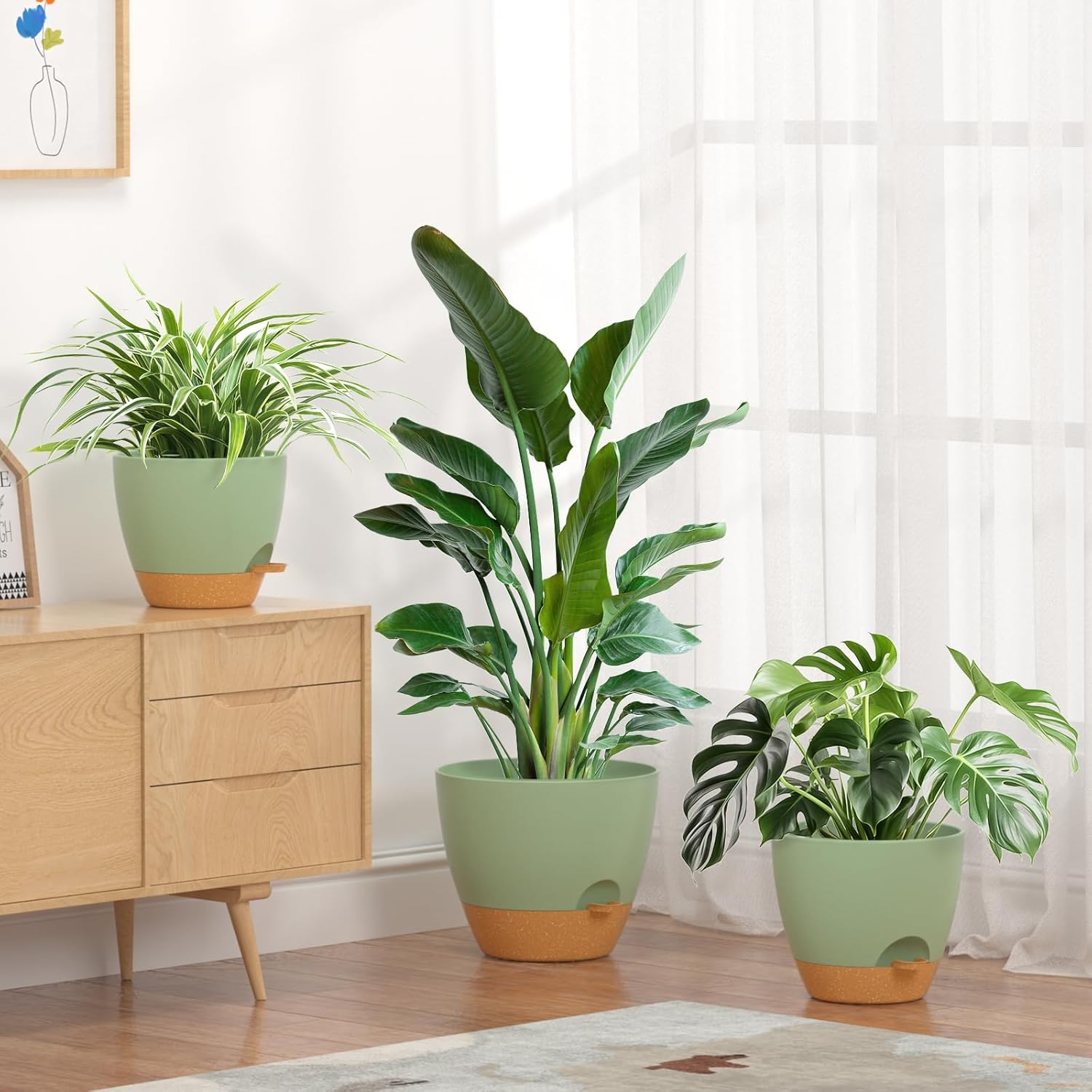 Plant Pots Self Watering Planters 12/10/9 Inch Plastic Flower Pot with Drainage Holes and Watering Lip for Indoor Outdoor Plants (3 Pack，Green)