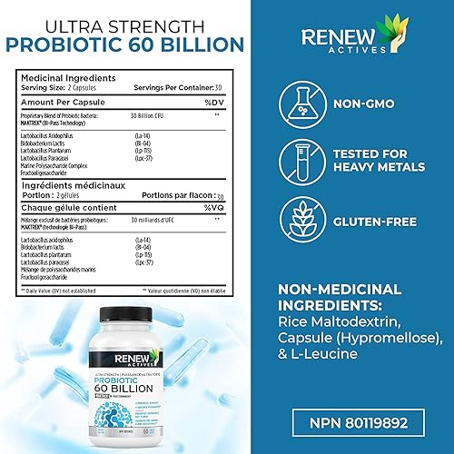 Miniatura 4 de Renew Actives Nuevos probióticos de 60 mil millones de UFC con tecnología MAKTREK Bi-Pass, probióticos hechos para sobrevivir al ácido estomacal con