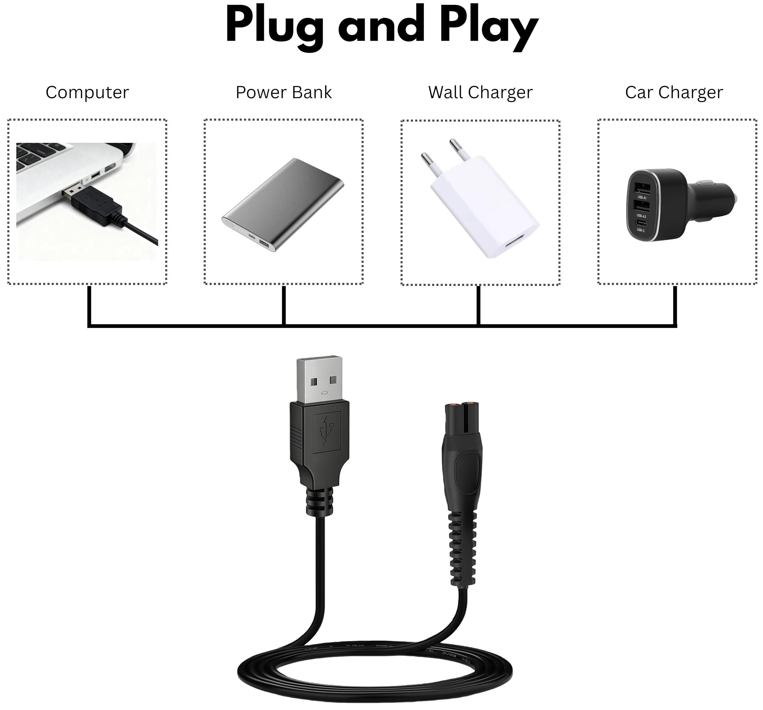2 Pack| Zamienny kabel ładujący USB 5 V kompatybilny z urządzeniami Philips QP2724, QP2720, QP2734, QP2824, QP4530, QP4631, MG7910, MG5910, MG9510 | NIE dla 4.3V
