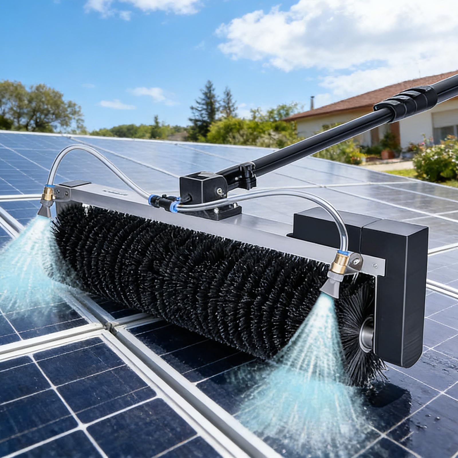 Pulitore Elettrico per Pannelli Solari con Testina a Spazzola 60cm e Palo ad Alimentazione Idrica | Per Pannelli Fotovoltaici e Pulizia Vetri | Uso Professionale e Domestico 7.5m/24ft