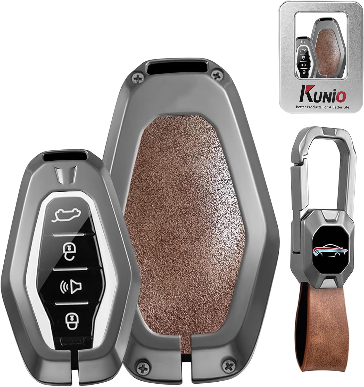 for Chery Leather Metal Car Key Fob Cover Case Fit for Chery Jetour X70 X70Plus X70m X90plus X95 Plus X95pro 2024 Key Protective Cover Key Holder Accessories 4 Button Brown-Short Keychain