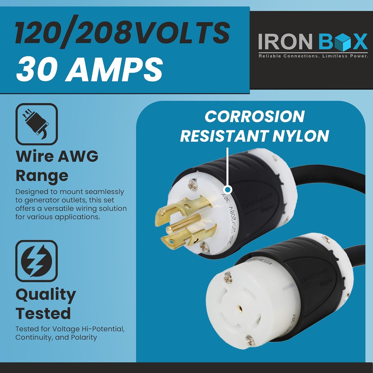IronBox Electric - L21-30 Extension Cord - 8/5 SOOW Cable Jacket, 30A Rated, 120/208V (3-Phase) - Ideal for Transfer Switches, Data Centers, Industrial Settings, and High-Powered Applications(10 ft)