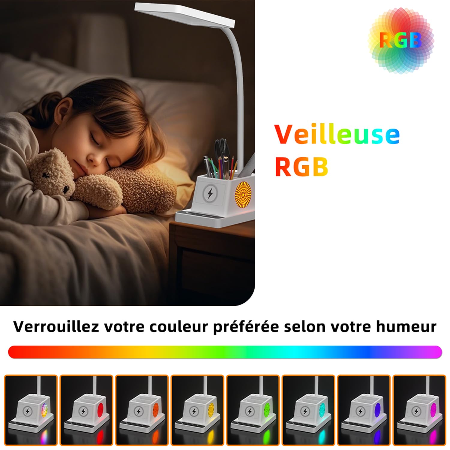 Lampe de Bureau LED 15W avec Charge Sans Fil, Col de Cygne à 360°, Lampe de Chevet Dimmable, 3 Modes de Couleur, 4 Niveaux de Luminosité, pour Bureaux/Chambres à Coucher/Résidences étudiantes (Blanc)