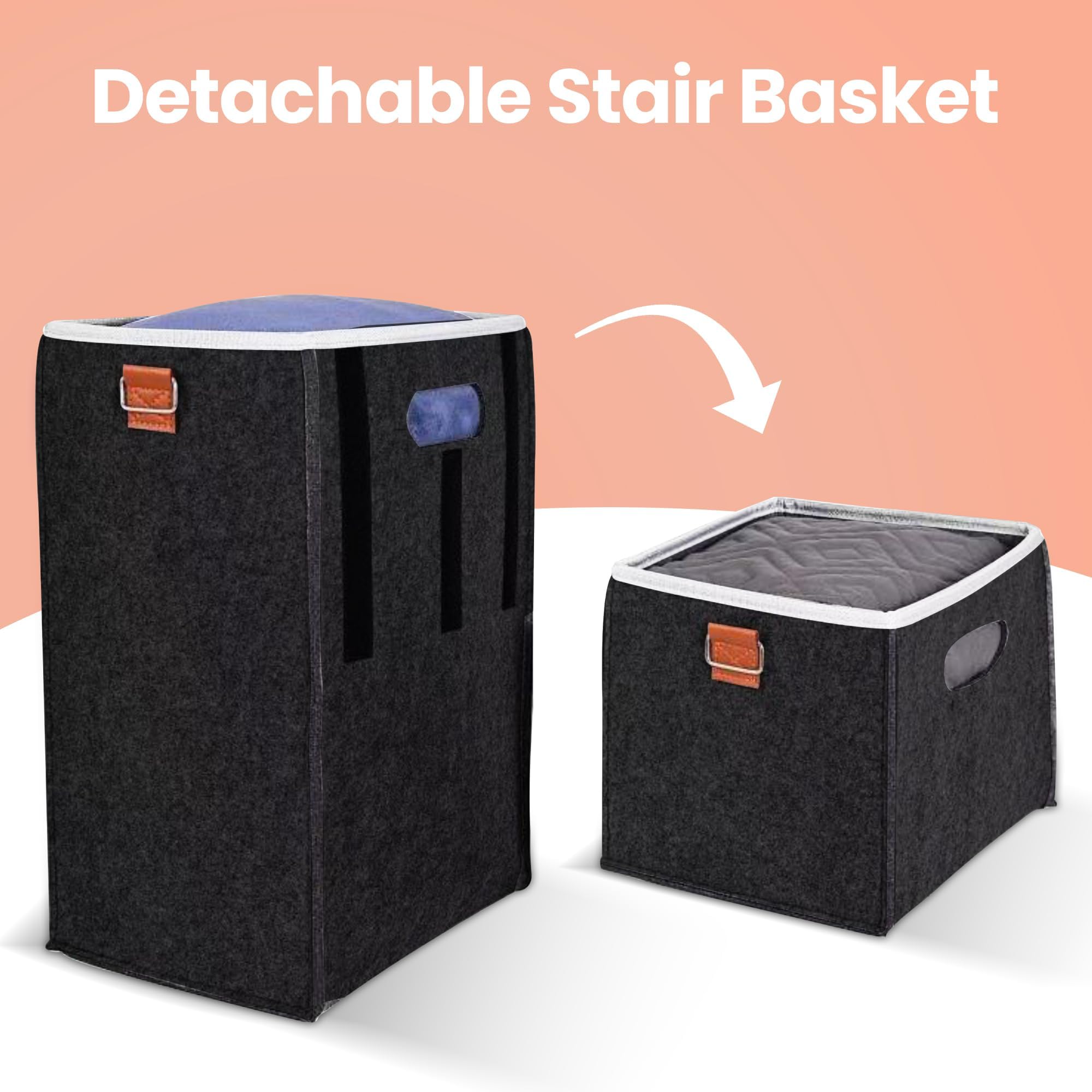 Cesta de fieltro desmontable para escaleras de madera y alfombra, organizador de almacenamiento resistente de 8.5 pulgadas con correas de cuero extraíbles para el hogar, lavandería y