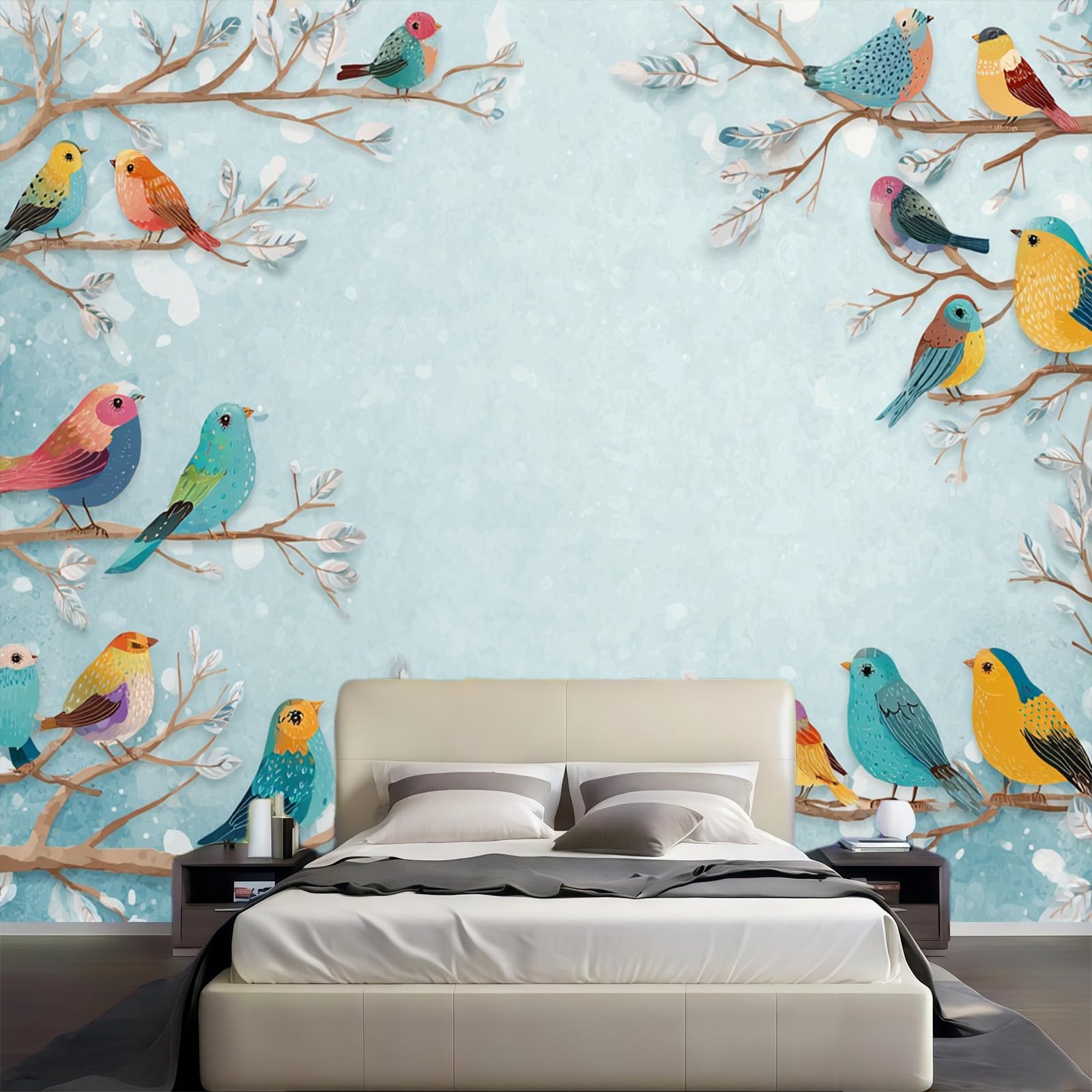 Papier Peint Oiseaux à l'aquarelle Intissé Bleu Décoration Murale Salon Chambre Tapisserie Murale 300 x 210 cm Moderne