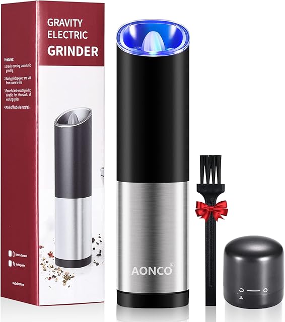 AONCO Gravity Electric Salt and Pepper Grinder, Adjustable Coarseness, One Handed Automatic Operation, 4 AAA Battery Powered Salt and Pepper Mill with Blue LED Light, Cleaning Brush, Wine Stopper