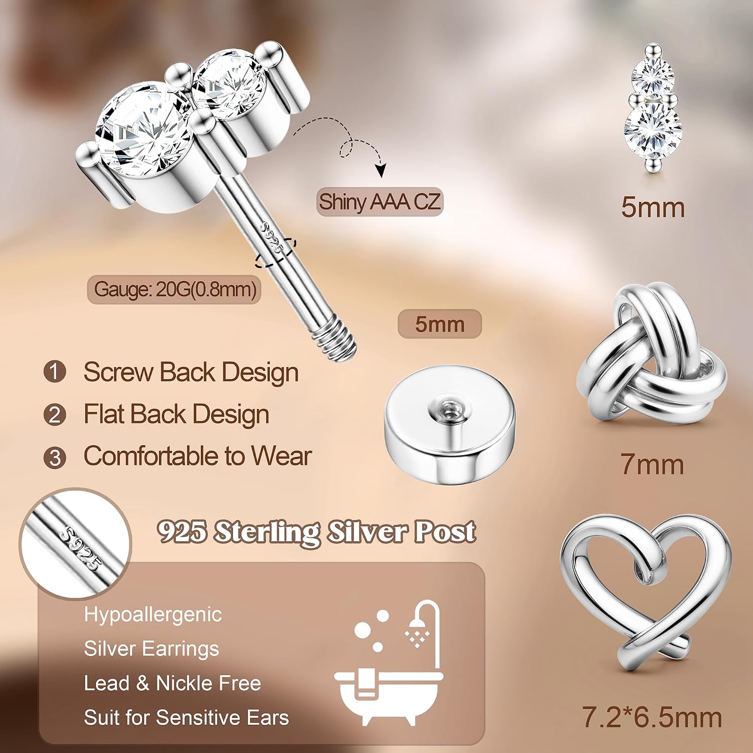 ZELORES 925 Sterling Silver Flat Back Earrings for Women Tragus Cartilage Earring Set for Multiple Piercing Trendy Flatback Stud Earrings