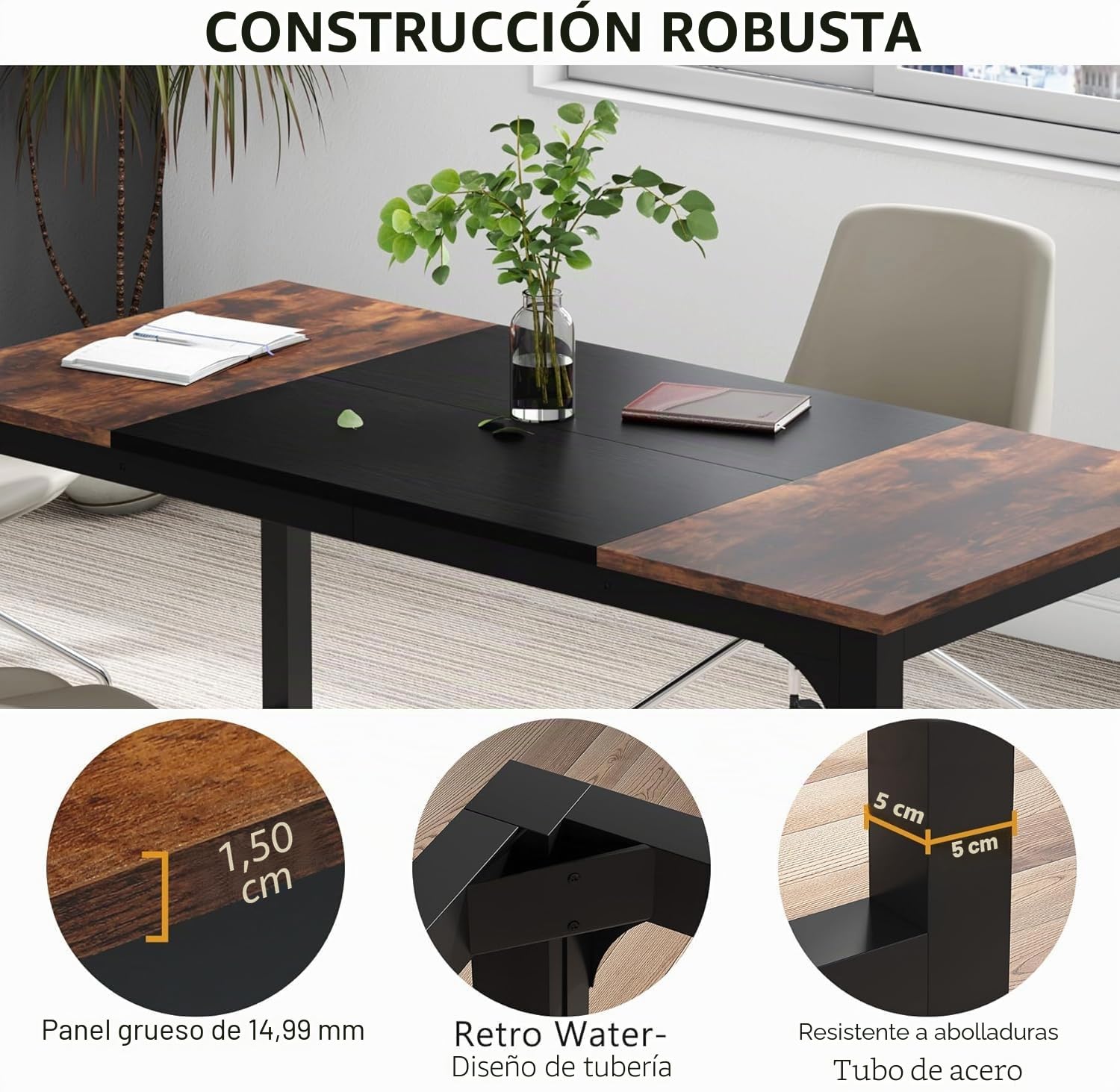 Lailang 160cm Escritorio de Oficina, Mesa portátil Ordenador, Mesa de Trabajo, Escritorio de Madera, Home Office, 160 x 80 x 75 cm, Marrón rústico y Negro