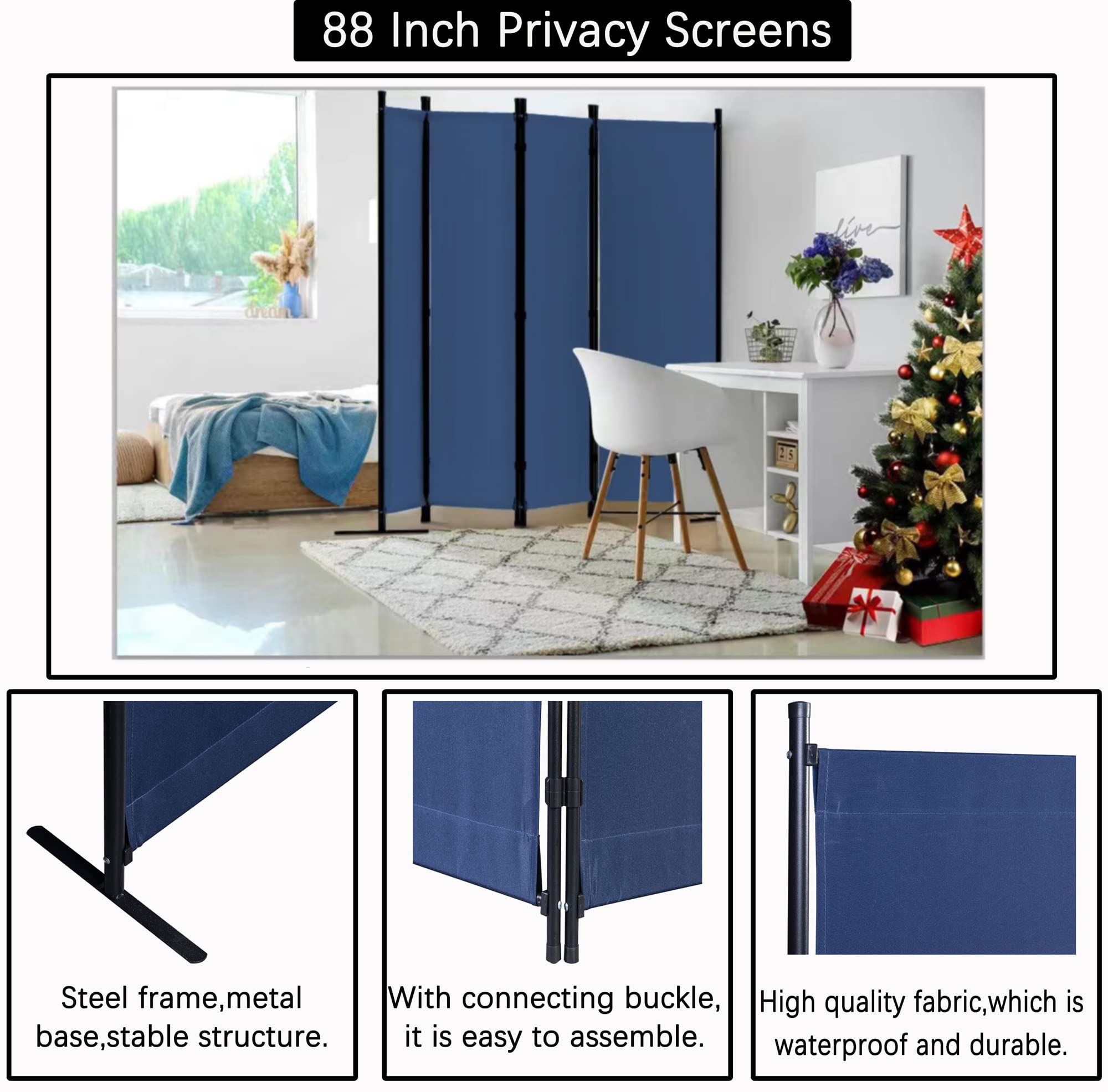 GOJOOASIS Room Dividers Folding Privacy Screens 4 Panel Partition (Blue
