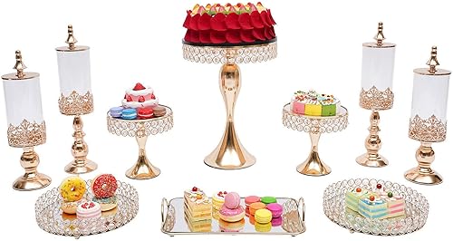 Juego de 10 soportes para tartas, soporte de postre de metal para cupcakes, soporte europeo para tartas, cuentas de cristal, espejo acrílico