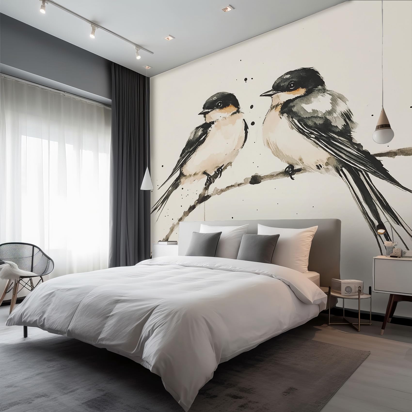 Papier peint panoramique intissé oiseau facile à poser grand poster mural beige salon