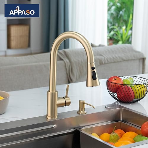 Miniatura 7 de APPASO Grifo de cocina dorado con dispensador de jabón, grifo de cocina dorado cepillado con rociador desplegable 3 modos, acero inoxidable 304 de