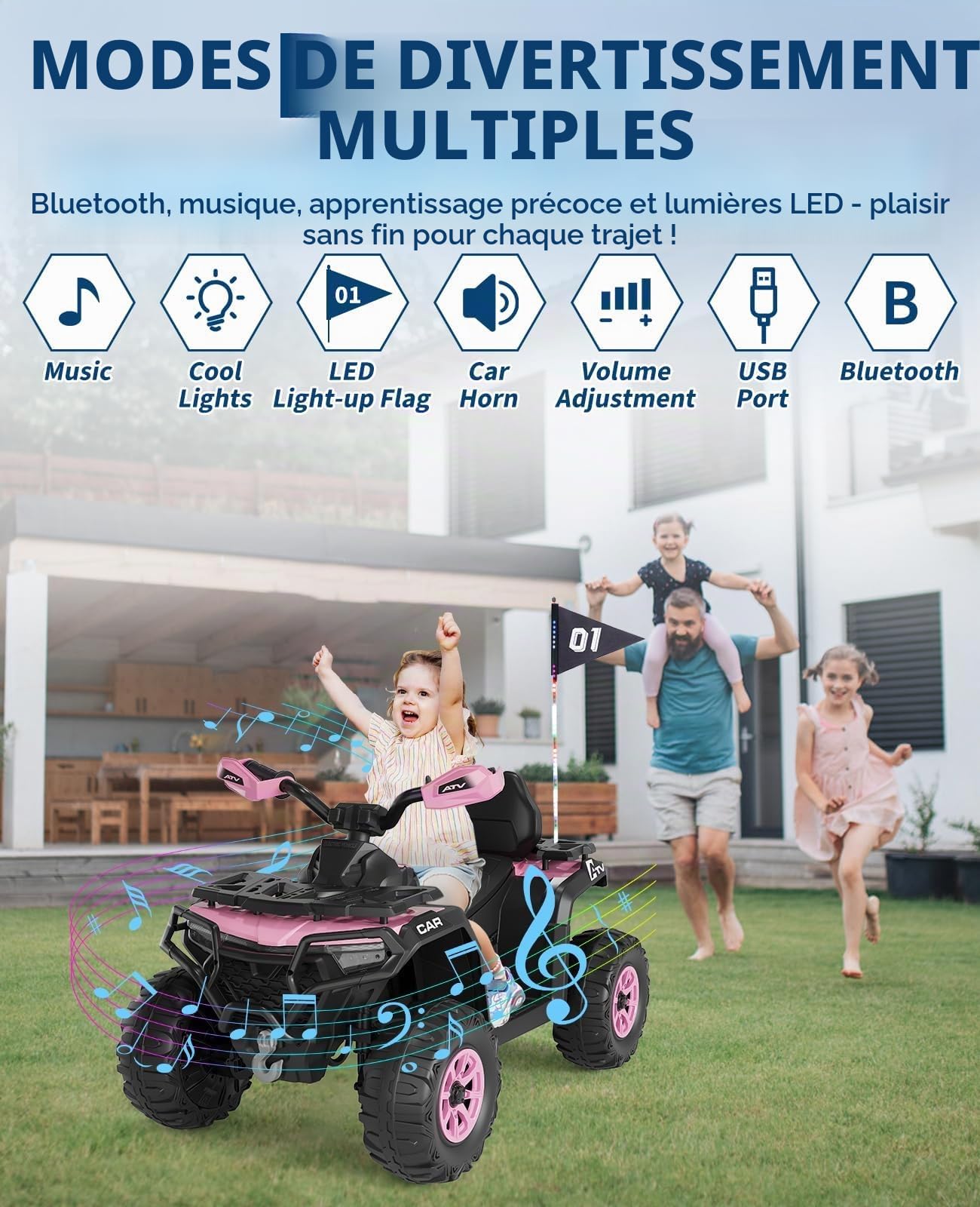 Quad électrique Enfant 12V Tout-Terrain – 2 Moteurs Puissants, Suspension, Télécommande Parentale, Phares LED, Musique, Sans Fil, USB, Klaxon, Drapeau LED – Véhicule ATV 4 Roues Pour Filles Et Garçons