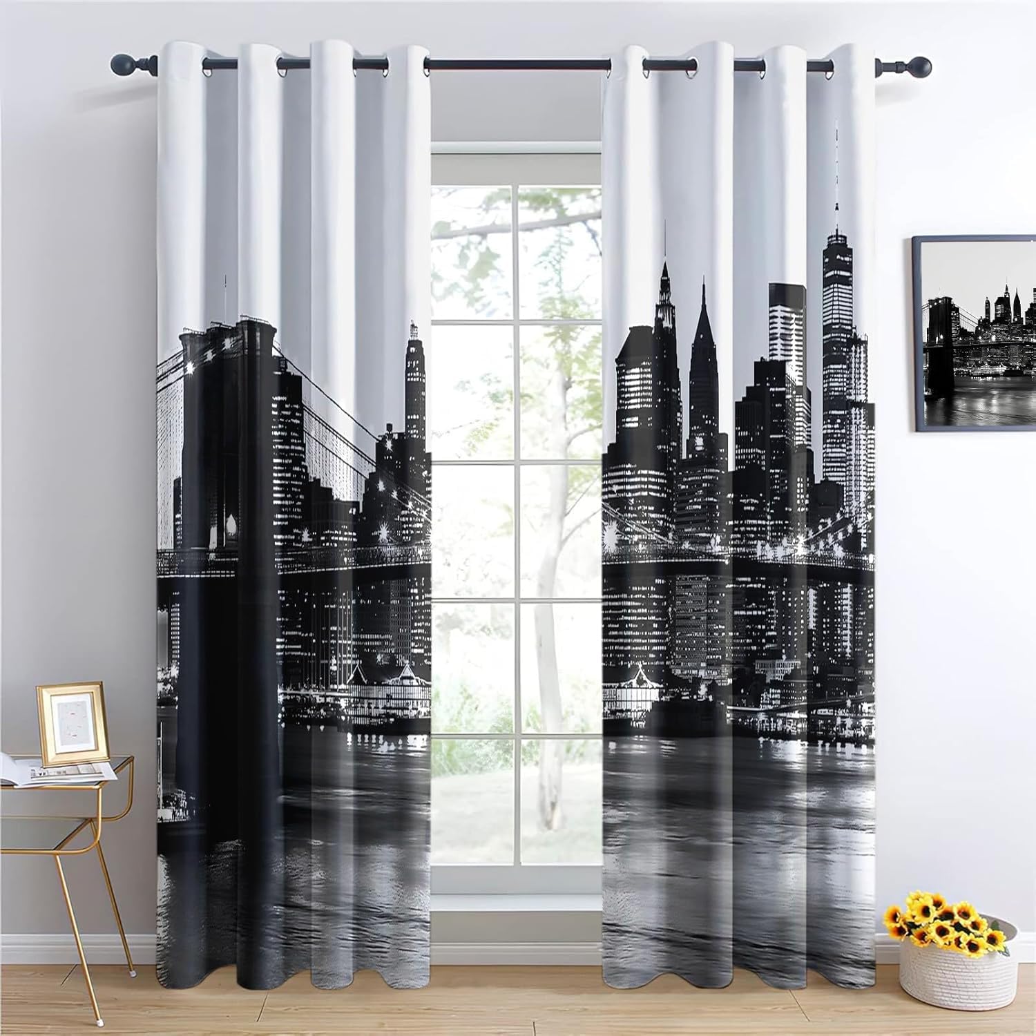 Lot de 2 Rideau New York Rideaux Occultants 110x215 cm Noir Imprimé 3D Draperies Ntérieurs Rideaux de Fenetre Isolant Thermique Décoration Rideaux pour Chambre Salon a.1255