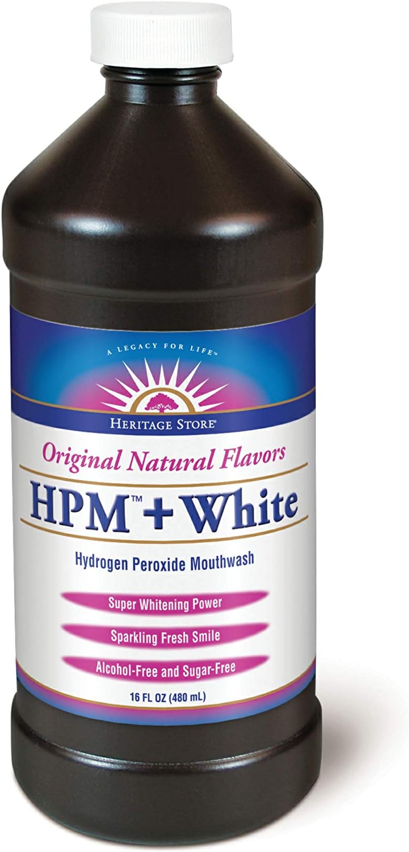 Heritage Store HPM + White Hydrogen Peroxide Mouthwash - Whitening Peroxyl Mouth Rinse, Bad Breath Treatment for Adults & Kids, Fresh Oral Rinse for Gum Health, Flouride & Alcohol Free - 16 Fl Oz