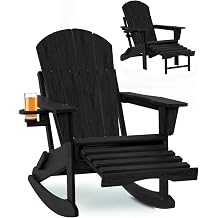 Adirondack Rocking Chair with Retractable Ottoman and Cup Holders, HDPE Adirondack 4-in-1 Multifunctional Rocker Patio Rocking Chair for Porch, Patio, Balcony, Leaden