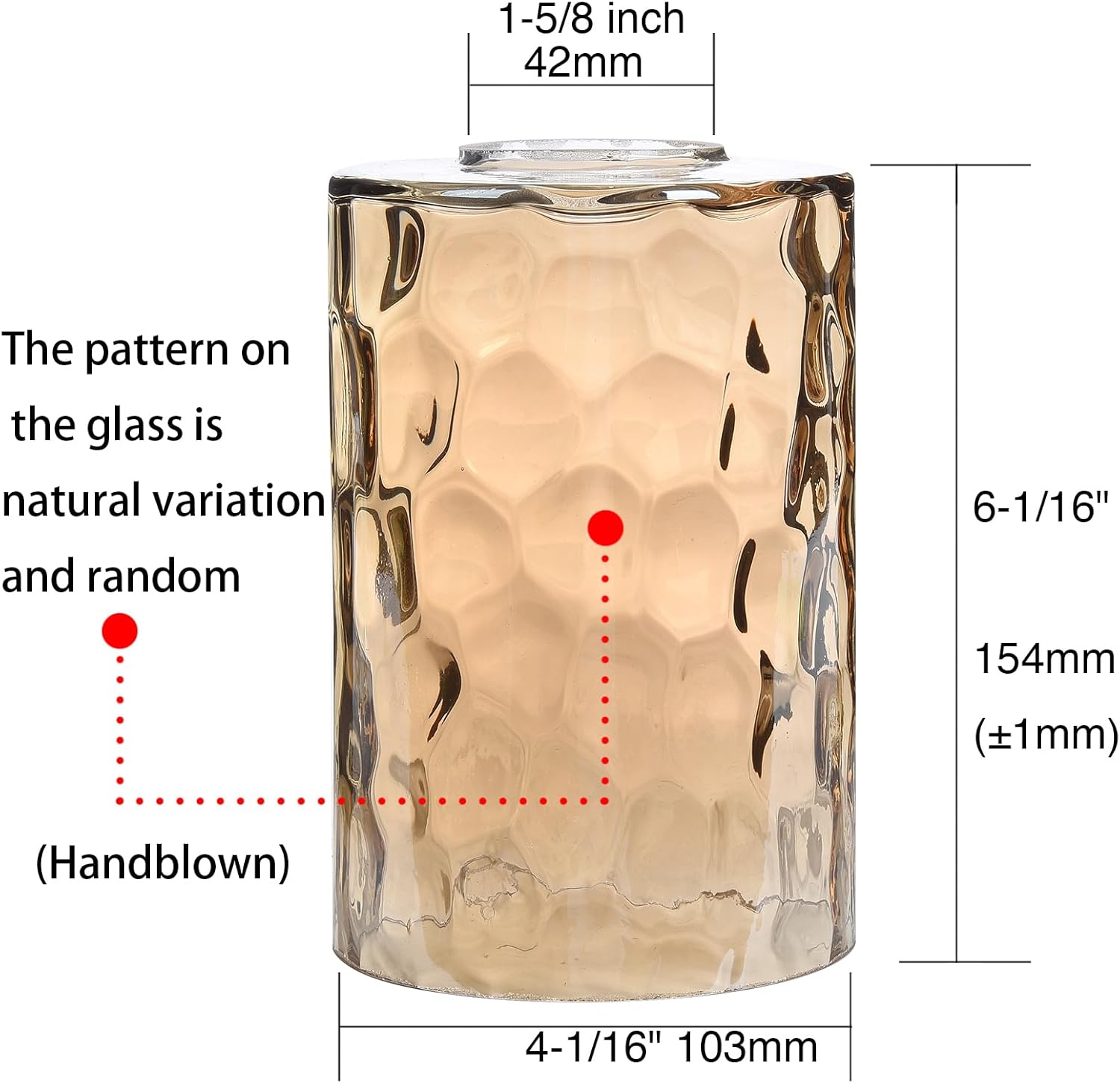 3 Pack Amber Hammered Glass Lamp Shade Replacement, 1-5/8 Inch Fitter, 6-1/16" Tall, Water Ripple Cylinder Glass Lighting Fixture Lampshade Globe Cover for Chandelier Pendant Light Wall Sconce