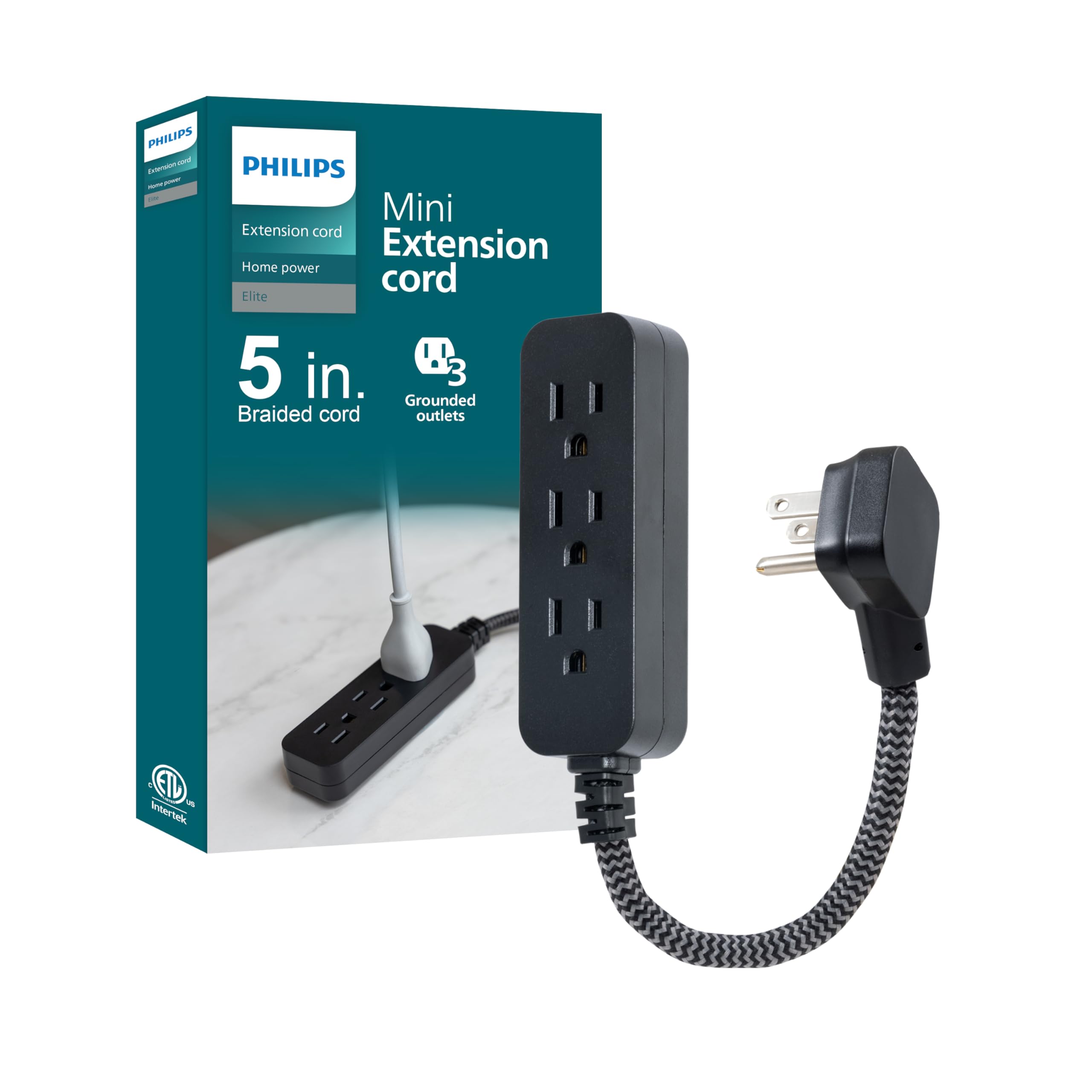 Philips 3-Outlet Grounded Mini Extension Cord, 5 Inch Indoor Extension Cord, Flat Plug Power Strip, Short Power Strip Flat Plug, Braided Cord, ETL Listed, Black, SPS3934BW/37