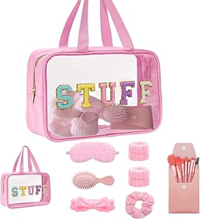 Spa Day Kit for Women - Sleepover Gift Set For Girls Pink Spa Kit and Mini Wet Hair Brush,Teens Initial Makeup Kit with Makeup Brush Set,Bridesmaids Party Favors-Waterproof Toiletry Travel Bag.