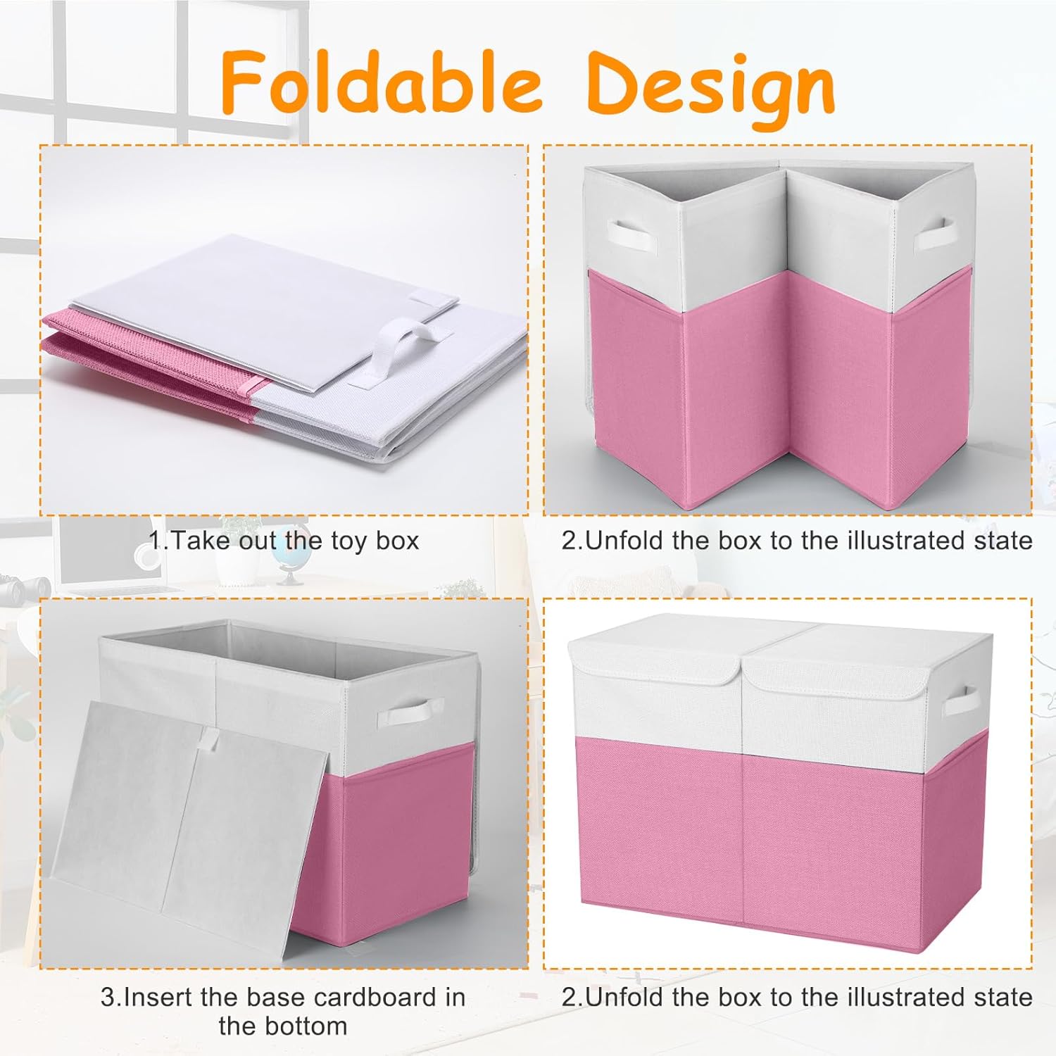 3 Pack Large Storage Bins Set 23" Toy Chest Storage with Lids and 11" Cubes Organizer Bins for Kids Bedroom Closet Shelf Organizer for Clothes Blankets Nursery Playroom(Pink White)