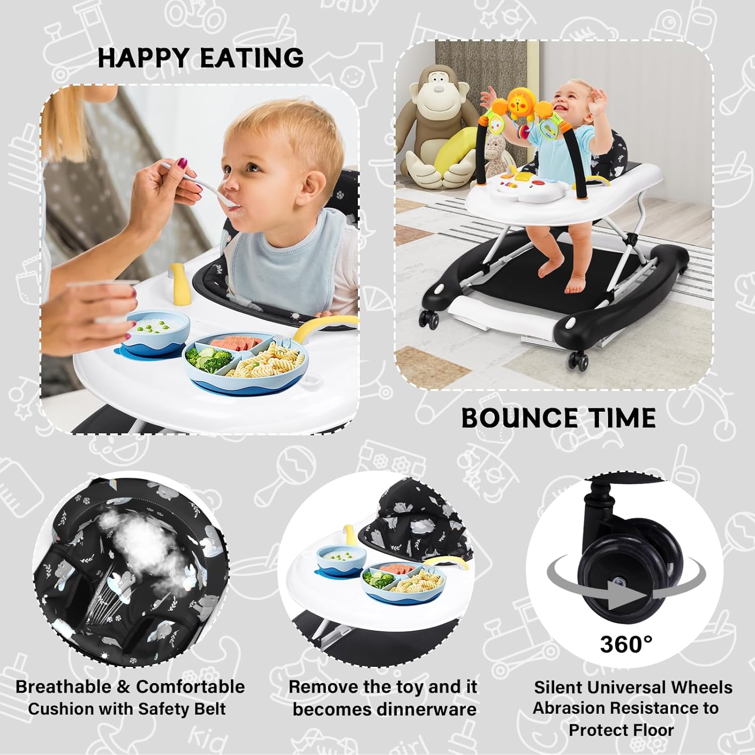 Baby Walker, 5 in 1 Baby Walkers for Boys Girls 6-12 Months, Foldable Walkers for Babies with Bouncer & Feeding Tray, Music, Adjustable Heights, Activity Walker for Infant