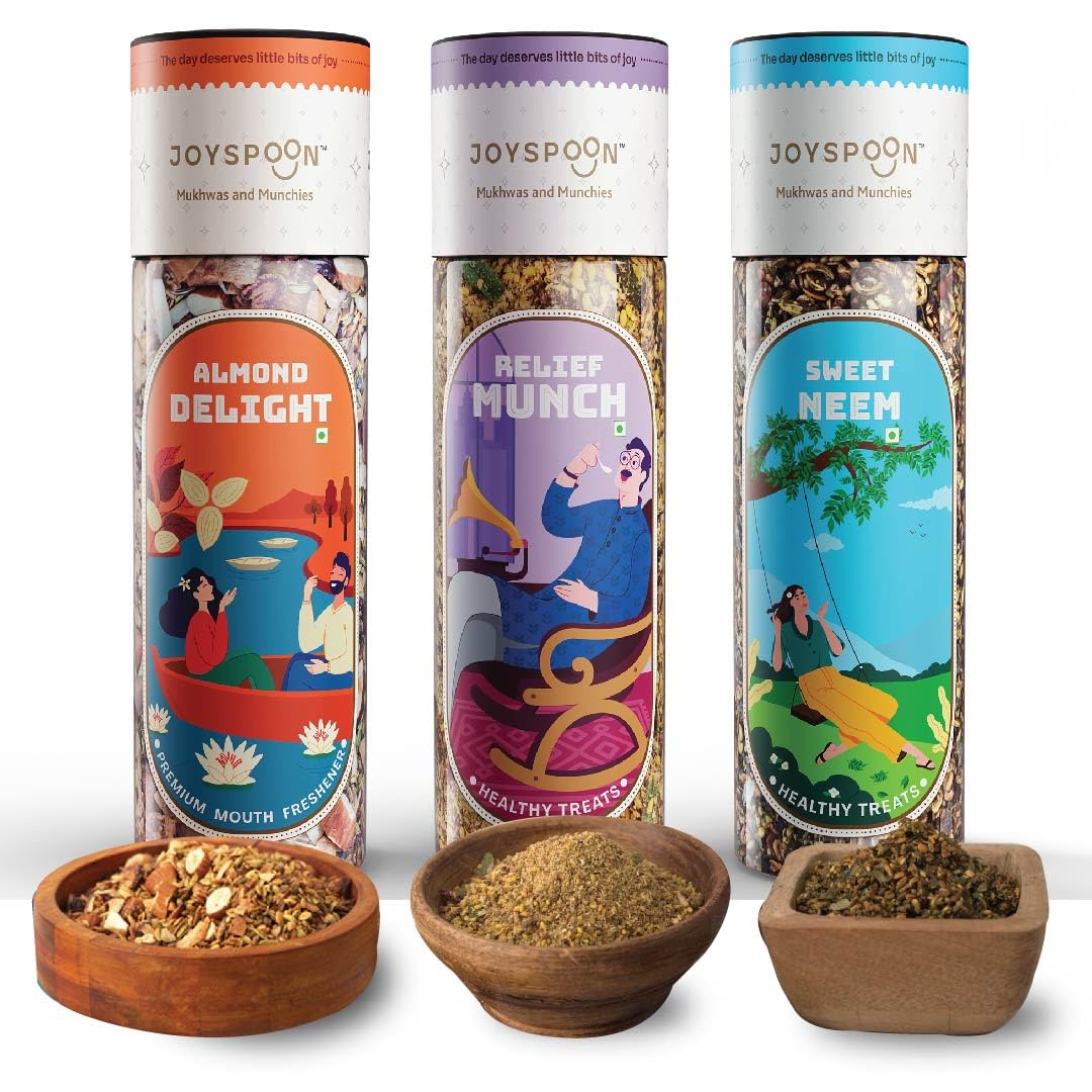 JOY SPOON Mouth Freshener Mukhwas Combo - Almond Delight,Relief Munch,Sweet Neem Combo (3 X 100 Gm)|Sugar Free Mouth Fresheners|After Meal Snacks|Trail Mix|Supari Free Traditional Mukhwas
