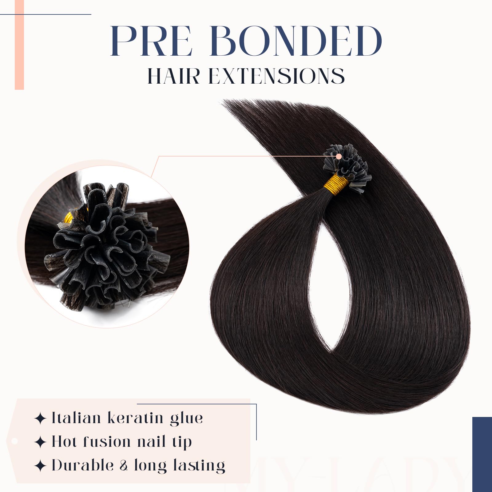 MY-LADY U Tip Hair Extensions Real Human #1B Natural Black Keratin Hair Extensions Invisible Straight K Tips Extensions for Women Natural Look 14 Inch 25g - Image 4
