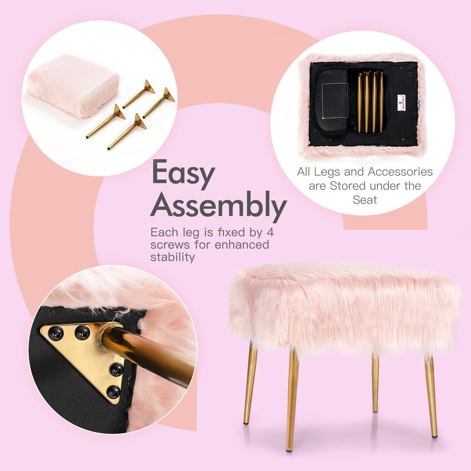 LIFEZEAL Taburete de tocador, Silla de Maquillaje de Piel sintética monderno Acolchado, Banco de Cama para Dormitorio, Pasillo, con Patas de Metal Dorado (51 x 41cm, Rosa)