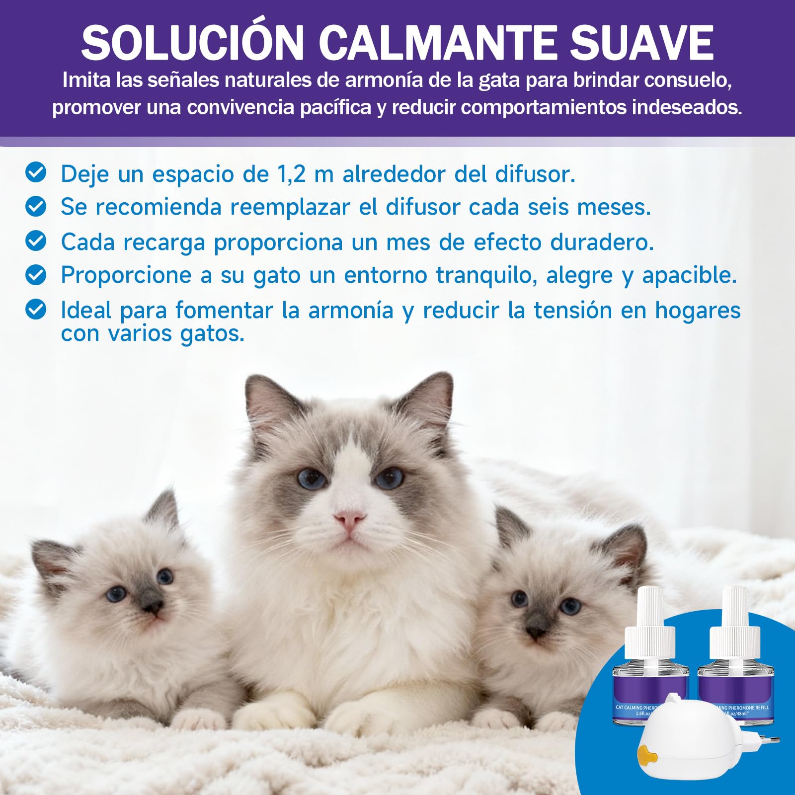 Difusor de Feromonas para Gatos - Enchufe Calmante para Relajación, Kit con 1 Difusor + 2 Recargas de 48ml - 60 Días de Confort