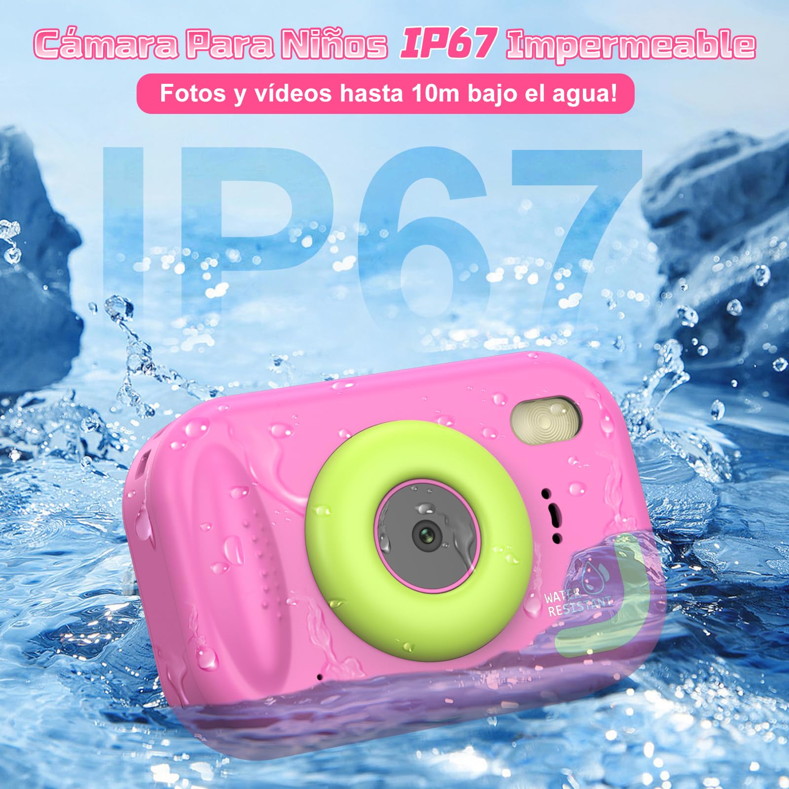 CHAKEYAKE Camara Acuatica Infantil, 1080P IP67 Cámara Fotos Impermeable con Tarjeta 32GB, Pantalla de 2.4'', Zoom Digital 10X, Juguete para Piscina y Playa, Regalo para Niños Niñas de 3–12 Años - 2