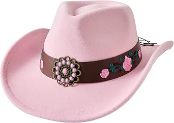 Jastore Western Cowboy Hat for Kids Girls with Pink Flower Buckle Blet Cowgirl Hat Wide Brim Fedora Hat Rodeo Party Hats