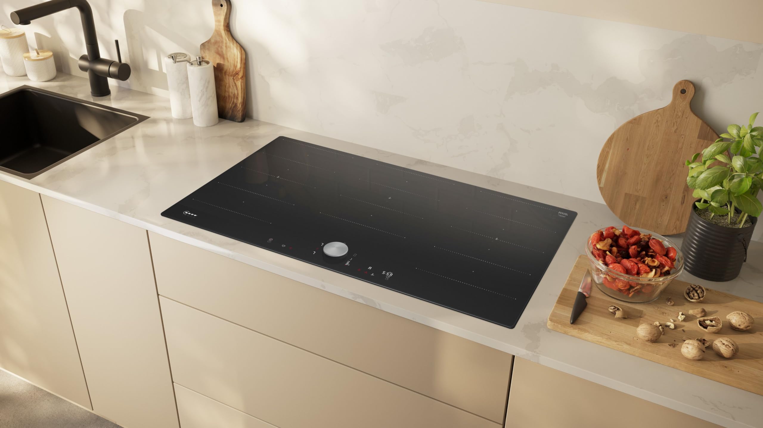 NEFF T69PTX4L0 - Piano cottura a induzione N90, piano cottura autosufficiente in vetroceramica, larghezza 90 cm, Twist Pad, Flex Induction, Home Connect, Smart Hood Automatic, a filo di superficie,