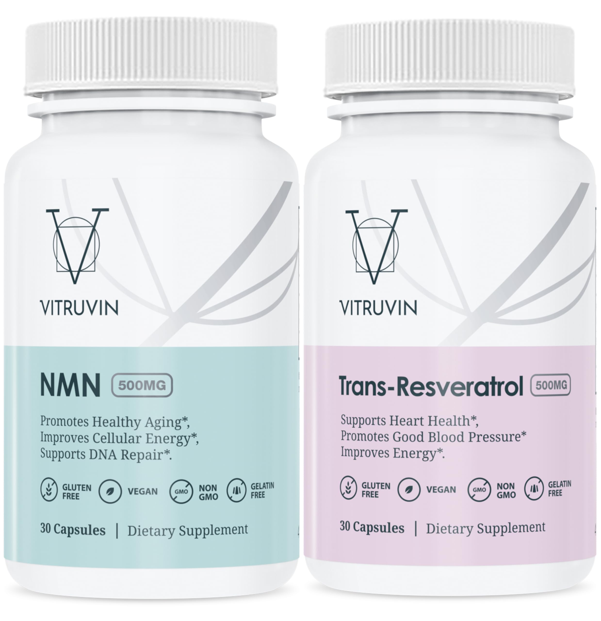 VITRUVIN Longevity Supplement - NMN 500MG + Trans-Resveratrol 500MG with Piperine - Vegan, Non-GMO, Gluten-Free, Gelatin-Free