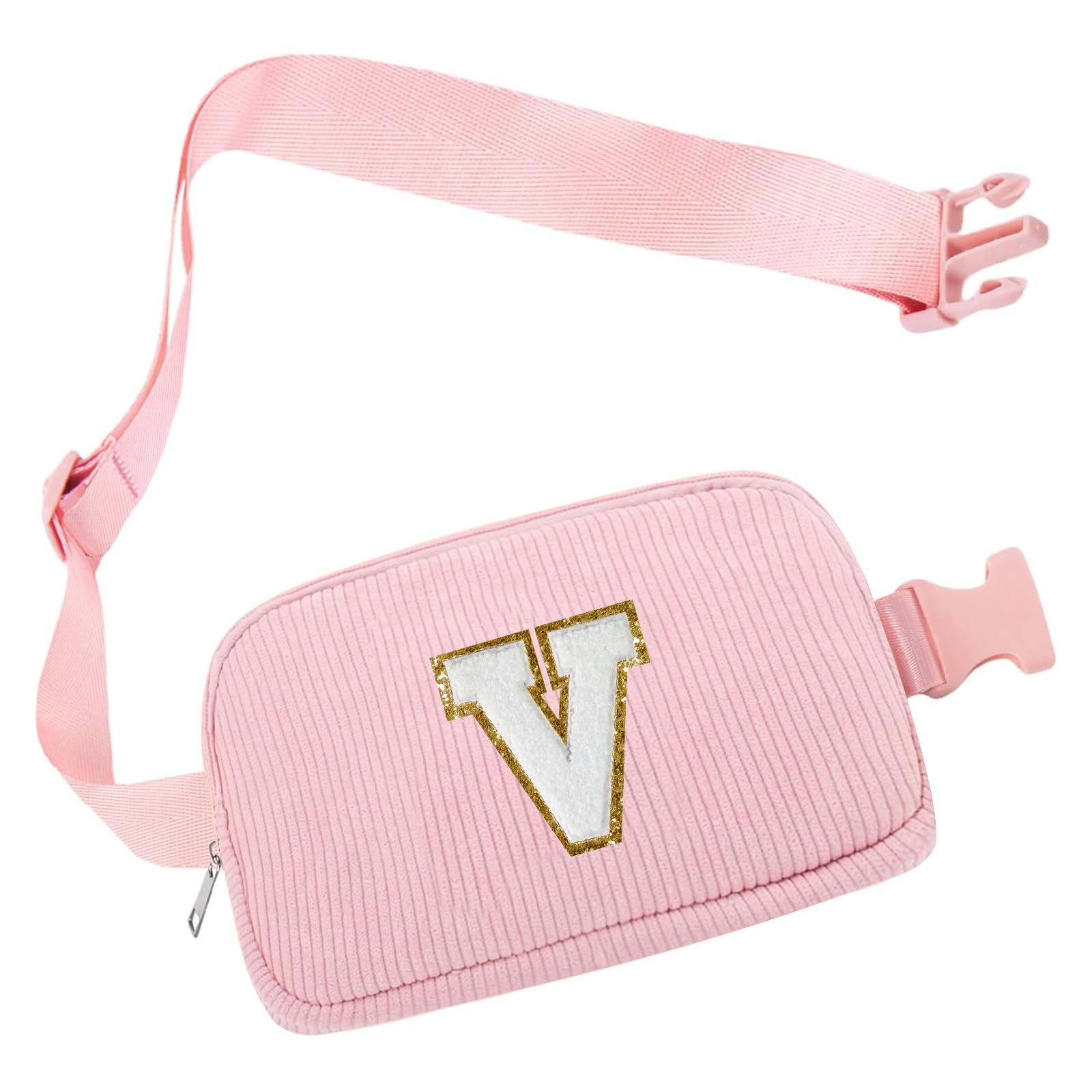 Personalisierte Initialen Bauchtasche, Cord-Crossbody Bag Damen Rosa Brustbeutel Gürteltasche Umhängetasche, Schultertasche Brusttaschen für Reise Fahren Wandern, Geburtstag Geschenk für Mädchen(V)