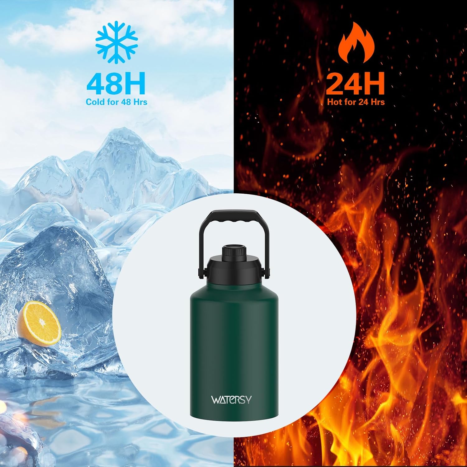 WATERSY 1 Gallon Water Bottle Insulated(Cold for 48 Hrs),BPA Free&Leak Proof,128oz Stainless Steel Water Jug,Big thermo,Large Water Bottle with Handle for Gym,Hiking,Camping&Travel,Dark Green - Image 2
