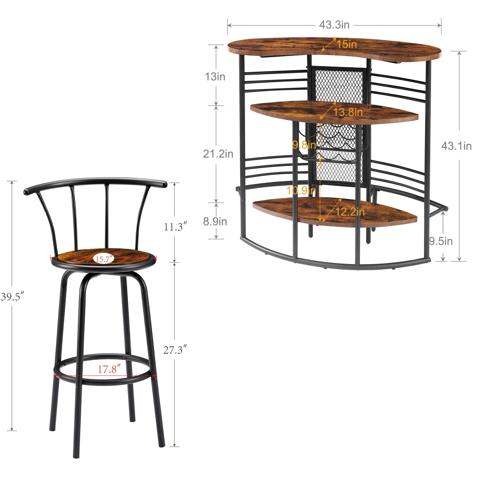 VECELO 3-Piece Set Rustic Dining Pub Storage Shelf, 2 Back, Counter Height, for Indoor Kitchen Living Room Party, bar-Table+2-barstools, Brown