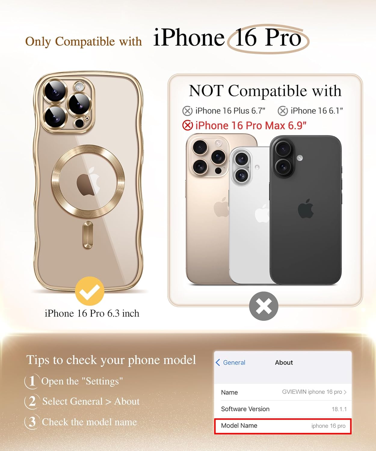 GVIEWIN for iPhone 16 Pro Case Compatible with MagSafe, Upgraded [Full Camera Protection][Cute Wave Frame][Military Grade Protection] Electroplated Soft Phone Cover for Women Girl, Clear/Gold